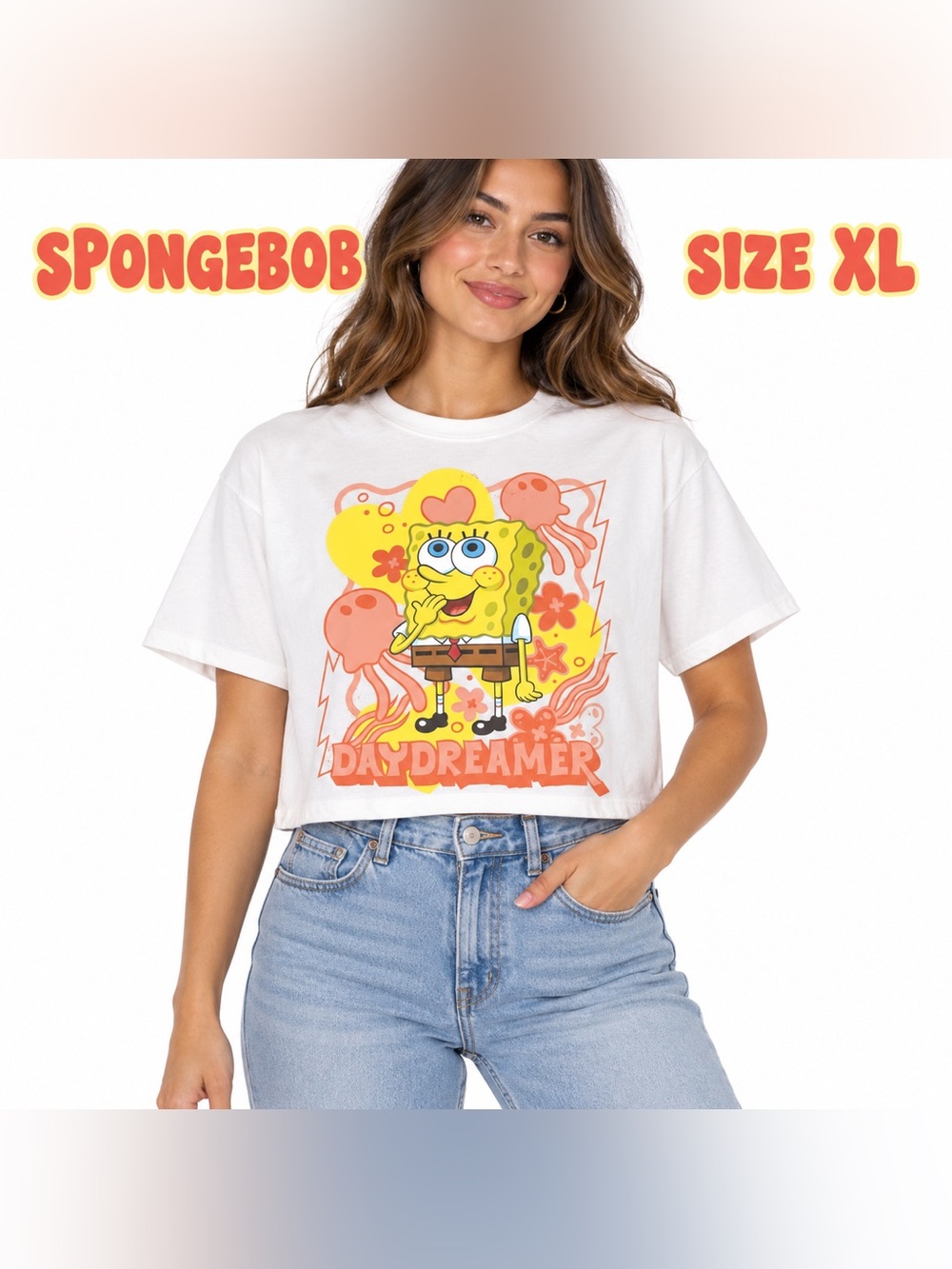 SpongeBob SquarePants Daydreamer Cropped Top Size XL Y2K Graphic Tee